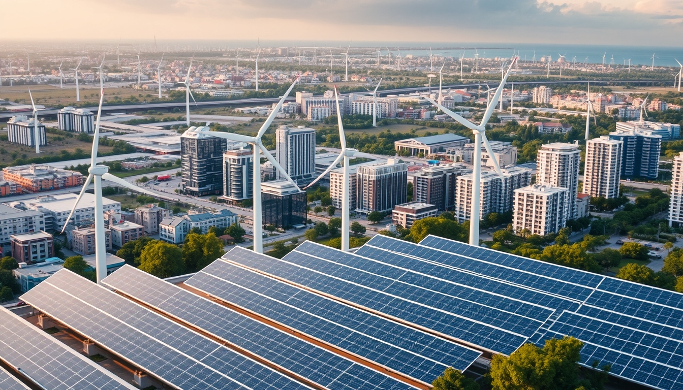 Wind turbines and solar panels in a modern city, representing renewable energy.