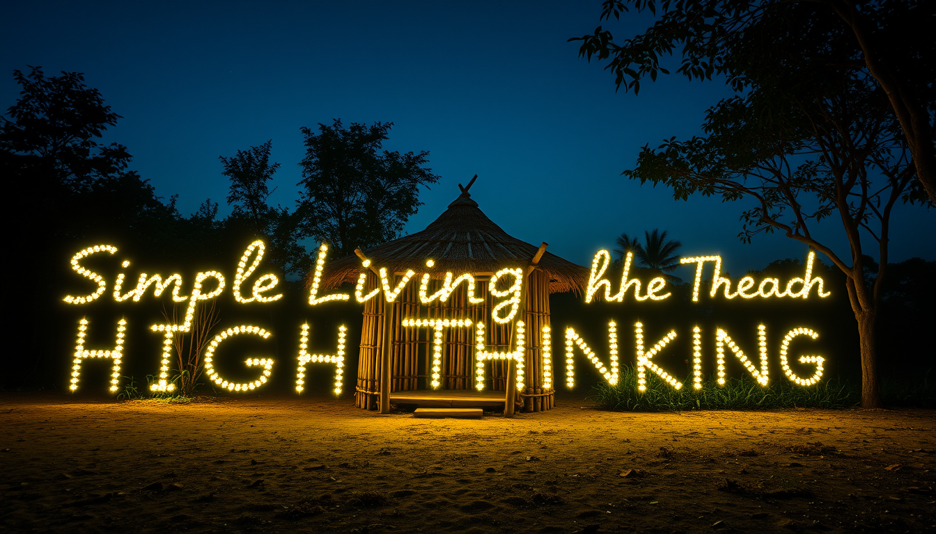 A humble bamboo hut in a clearing. Time-lapse shows day turning to night as glowing fireflies form the text "Simple Living, High Thinking" around the hut. Cyberpunk style. - Image