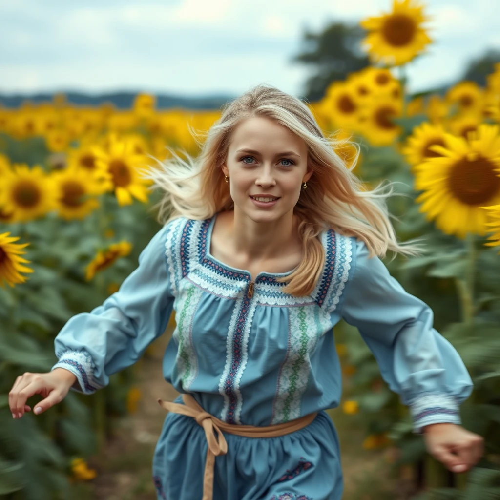 A 20-year-old Ukrainian woman running toward the camera in a sunflower field, blonde hair, sparkling eyes, (Ukrainian traditional clothing: 1.4), styled by Rick Remender, motion blur, action, full body, award-winning work. - Image