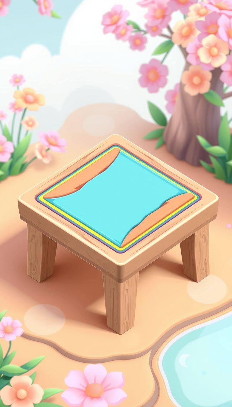 Digital illustration of a 3D table made of wood. It is a square table with legs, the top has a multicolor border and the middle part is aqua blue. The background is beautiful and matches the table design; the overall mood is playful, suitable for a kid-friendly game. - Image