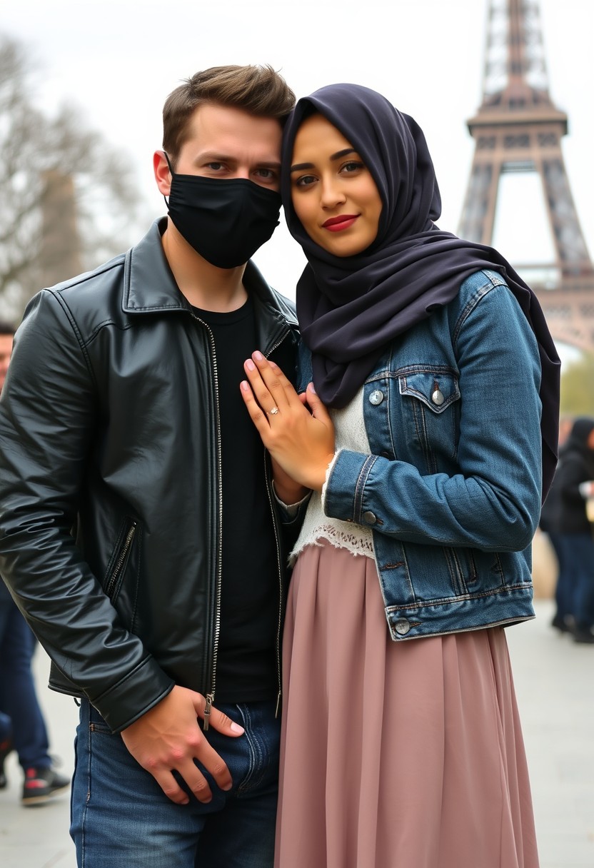 Jamie Dornan, handsome, black face mask, black leather jacket, jeans, dating, love couple with the biggest hijab Muslim girl, beautiful eyes, black face mask, jeans jacket, biggest skirt, wedding rings, Eiffel Tower, realistic, street photography.