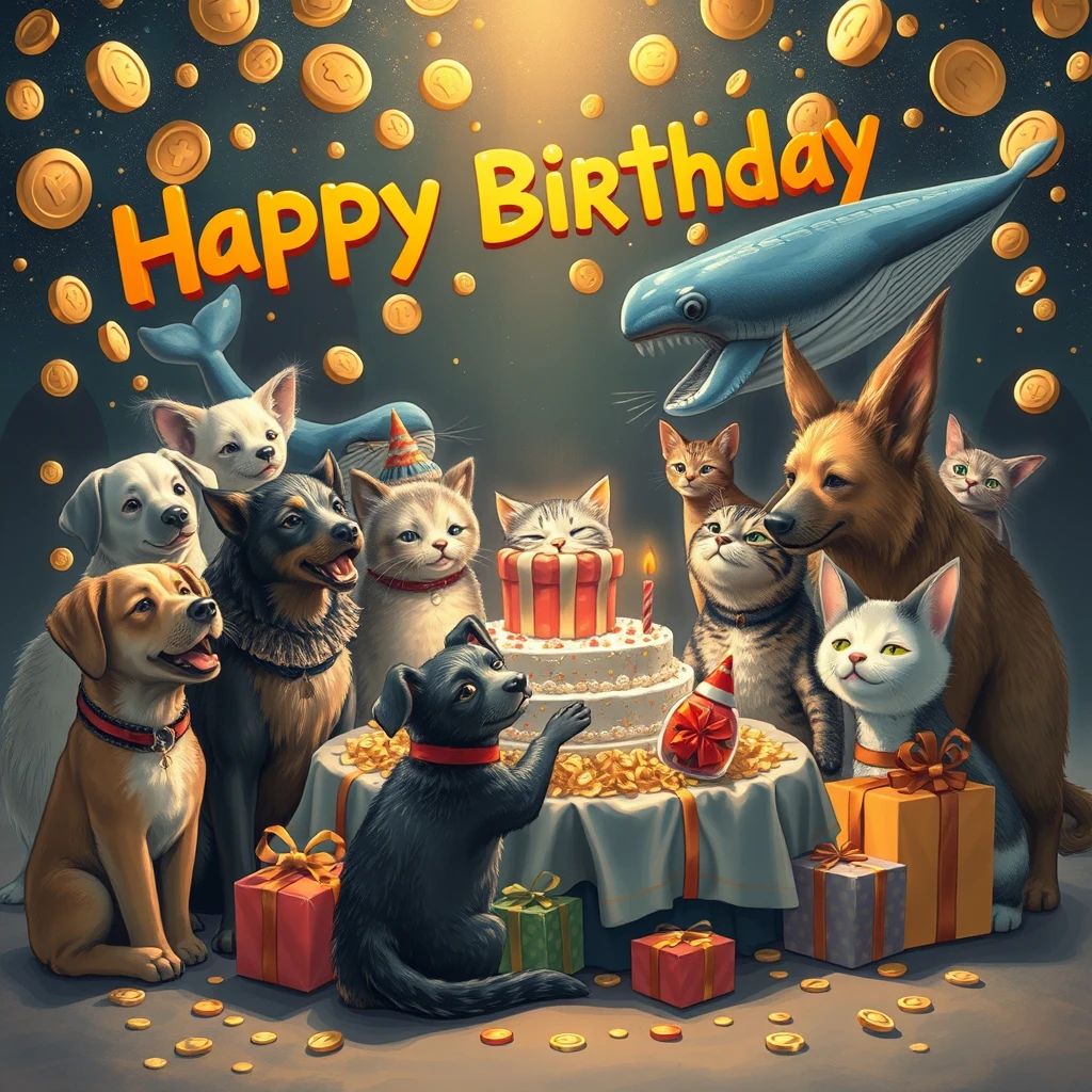 Animals are celebrating a birthday; there are dogs, cats, and whales, with many gifts. The atmosphere is joyful, and there are gold coins in the background, sci-fi. - Image