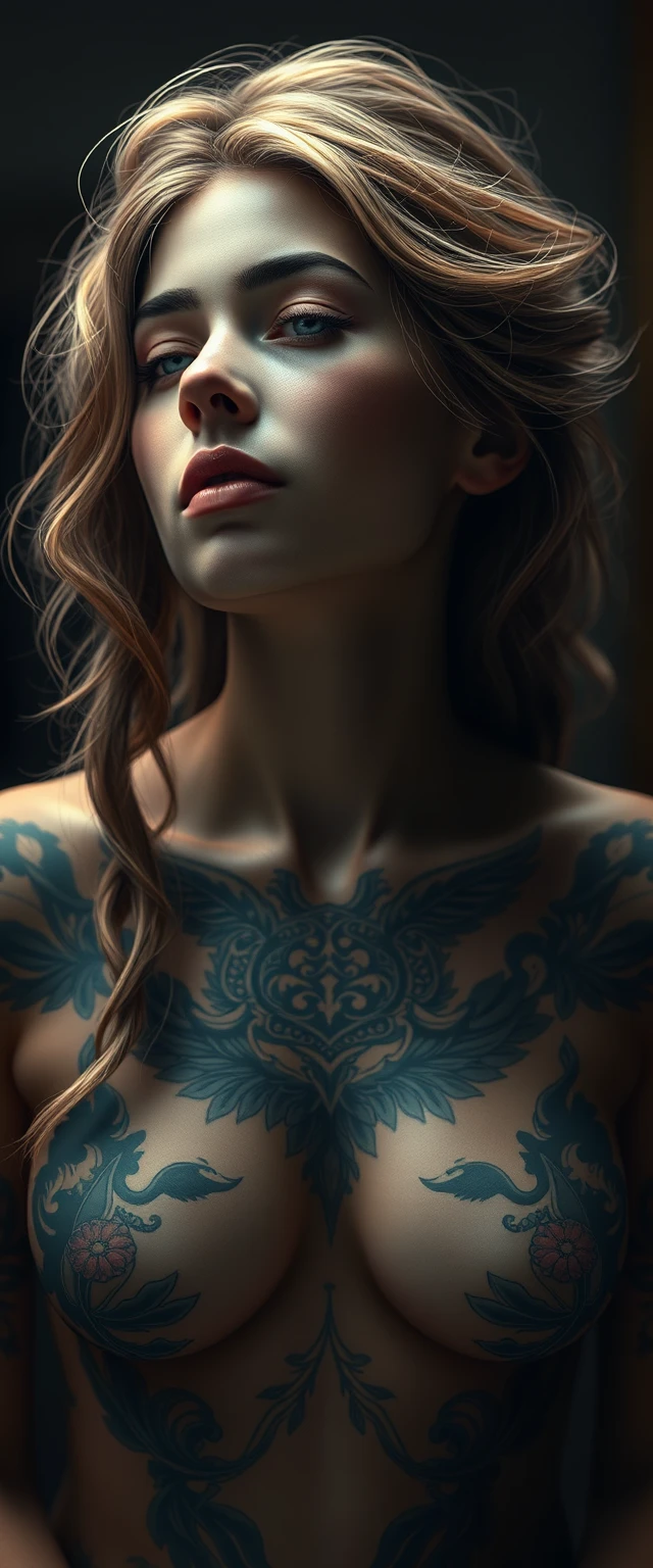 Arafed woman with a tattoo on her chest and a chest A symphony of pixels in hyperrealistic harmony, intricate and softly lit, an 8K revelation trending on ArtStation, brought to you by Leonardo Da Vinci.