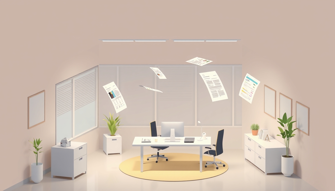 Modern Isometric Office Space with Floating Financial Documents in Soft Tones