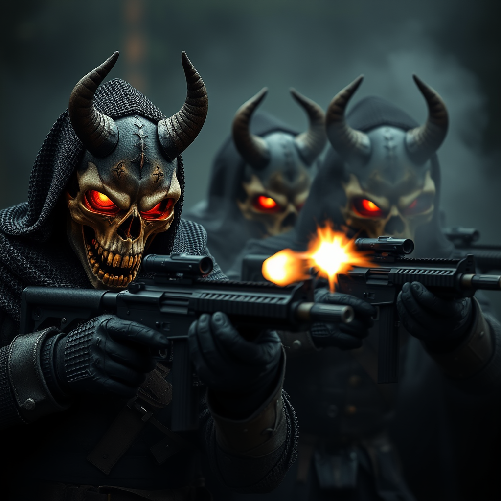 British special forces merge with demonic Knights Templar aesthetic. Skull-faced masks with glowing eyes, razor-sharp teeth, and prominent horns. Firing weapons with visible muzzle flashes. Draped in thick chainmail veils and bulletproof ancient armor. Shrouded in dark mist, emanating an aura of intimidation and fear. - Image