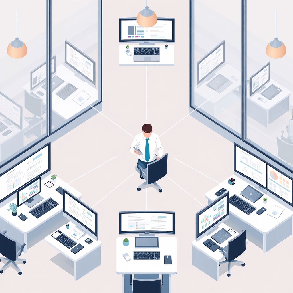 Split screen office layout, central designer connected to multiple work sections, each showing different design processes, clean corporate style, isometric view, vector graphic aesthetic.