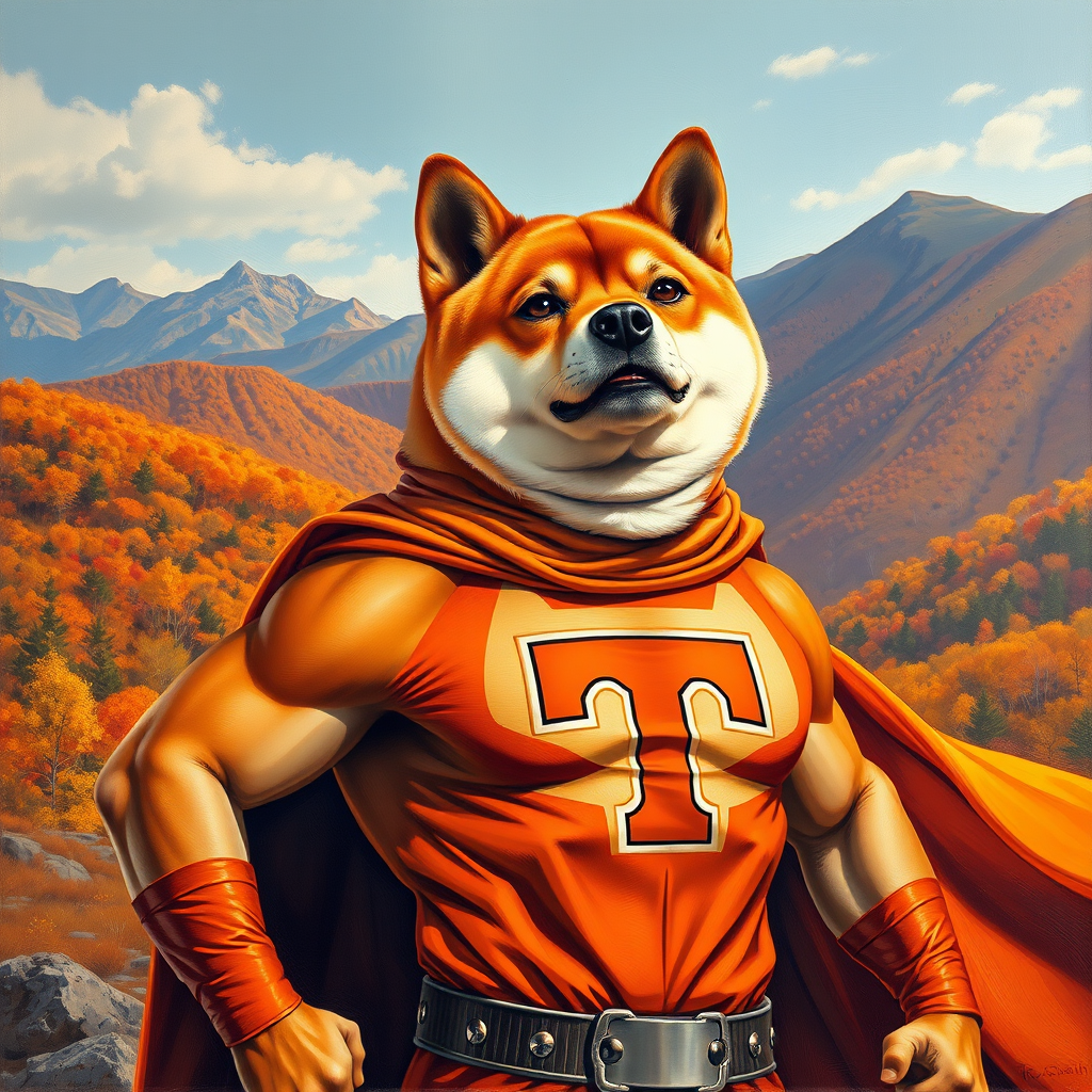 A Marvel movie poster oil painting depicts a Shiba Inu transformed into a muscular superhero, wearing an orange and white superhero costume with a stylized "T" logo on the chest. The dog strikes a heroic pose, draped in a cape, with the background featuring the autumn mountains of Tennessee. The style is similar to Frazetta's oil paintings. - Image