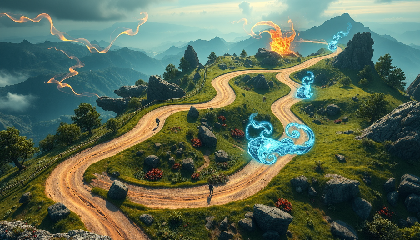 A large, magical fantasy tower defense game map featuring winding, naturally formed dirt roads as the main focus. The roads are prominent, occupying a significant portion of the map, and appear as natural pathways through the landscape. Surrounding the roads are smaller rocks, lush trees, vibrant flowers, and green grasslands. There are no buildings or large mountains nearby, but distant, hazy mountain ranges can be seen in the background, adding to the mystical atmosphere. The roads are filled with swirling magical winds carrying elements of fire, frost, and storms, with flickering flames and icy patches enhancing the magical feel. The entire map is rendered in a mystical and vibrant fantasy style, with rich colors and intricate details, creating an otherworldly atmosphere filled with magical energy and dynamic weather effects. - Image