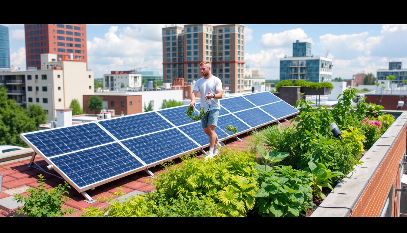 Urban rooftop gardens with solar panels, illustrating sustainable living.