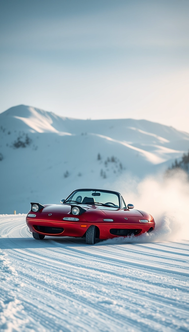 Create an image of a red 1991 Mazda MX-5 drifting on a snowy mountain.