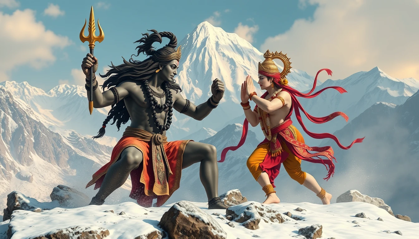 God Shiva and God Krishna, fighting, Kailash Mountain, snowy, quality, detailed.