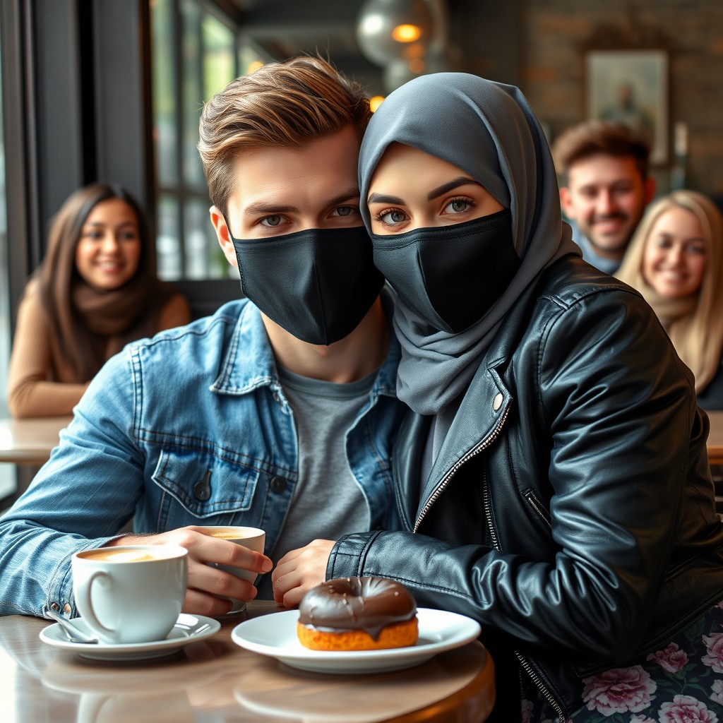 Jamie Dornan's head and body shot, handsome, young, black face mask, blue jeans jacket, jeans, dating love with a Muslim girl in a grey hijab, beautiful eyes, black face mask, black leather jacket, biggest floral skirt, at a café, 2 cups of latte, muffin cake, chocolate donut on a table, with another 3 friends smiling in the back, photorealistic, hyper-realistic, street photography, selfie. - Image