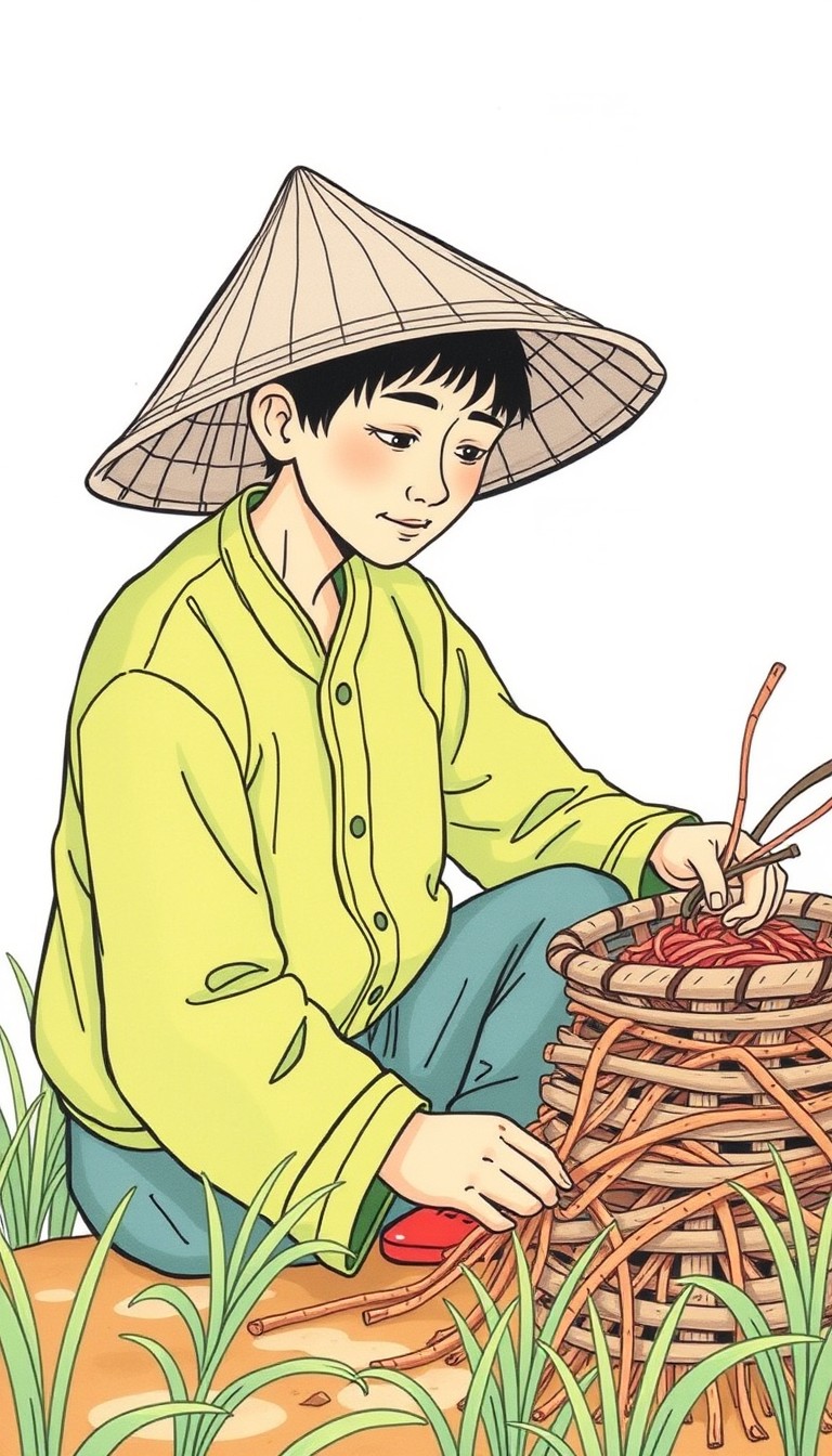 A Chinese farmer is working, illustrated in a picture book style with a simple, light white background.