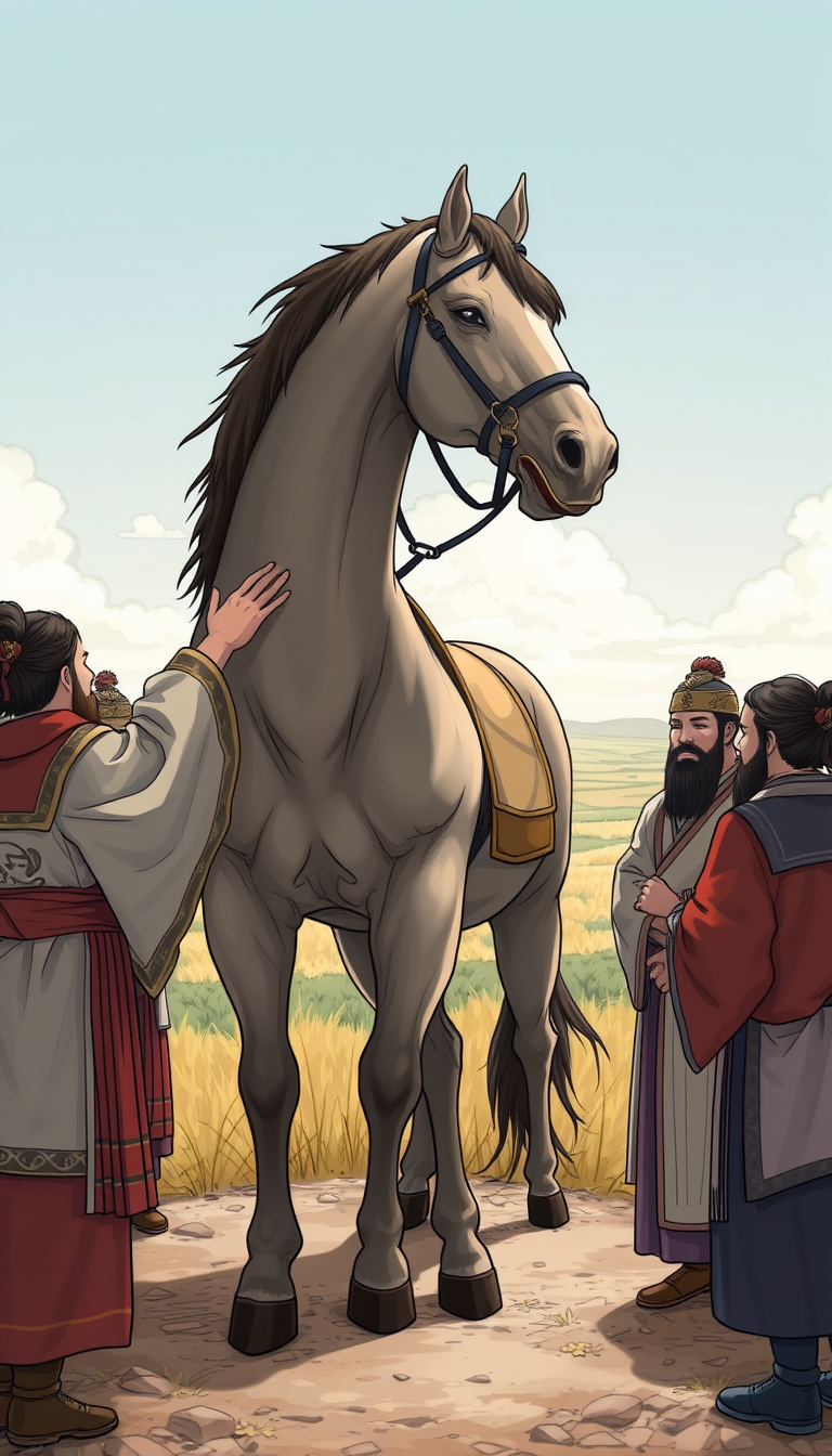 The generals, wearing Song Dynasty clothing, gather around the old horse, gently patting its head to show their gratitude. The horse stands calmly, with a peaceful plain in the background, symbolizing safety and return. The artwork is in a manga style.