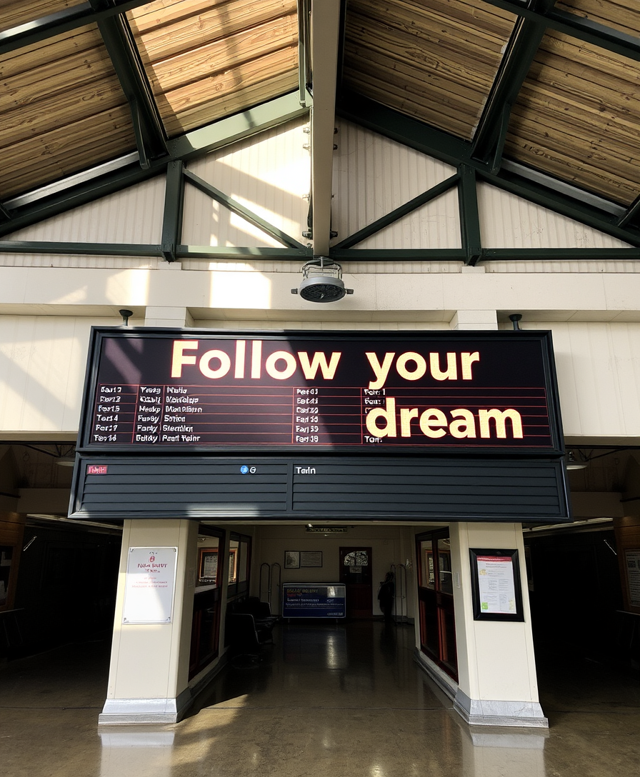 The interior of the railway station, on the board with the train schedule it is written in large letters: "Follow your dream". - Image