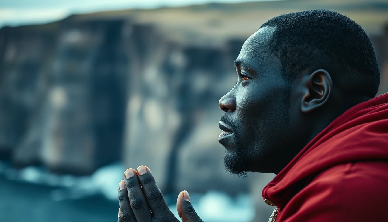 Film still of a 30-year-old Rwandan man praying, cinematic shot, background is cliffs of Gothenburg, high resolution, ultra-realism, movie color-grading, 8k. - Image