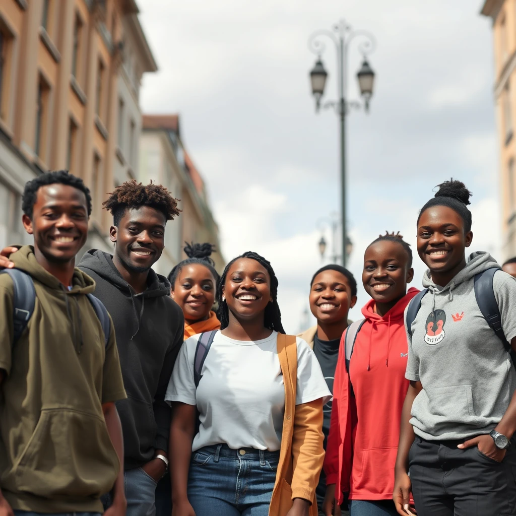 Boring photo of a group of Rwandan youth being happy, streets of Germany. - Image