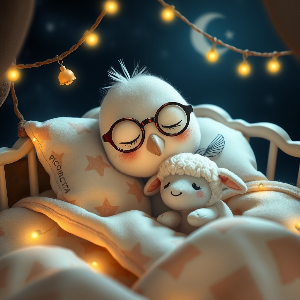 It is night. A sweet, delicate, tender Kawaii little bird with a small, rounded beak is wearing glasses, resting its head on the pillow, deeply asleep in its precious little bed with tiny bells, soft lights, and childlike details that have the name PICHONCITA written on it, with patchwork blankets hugging a tiny cute plush sheep. - Image