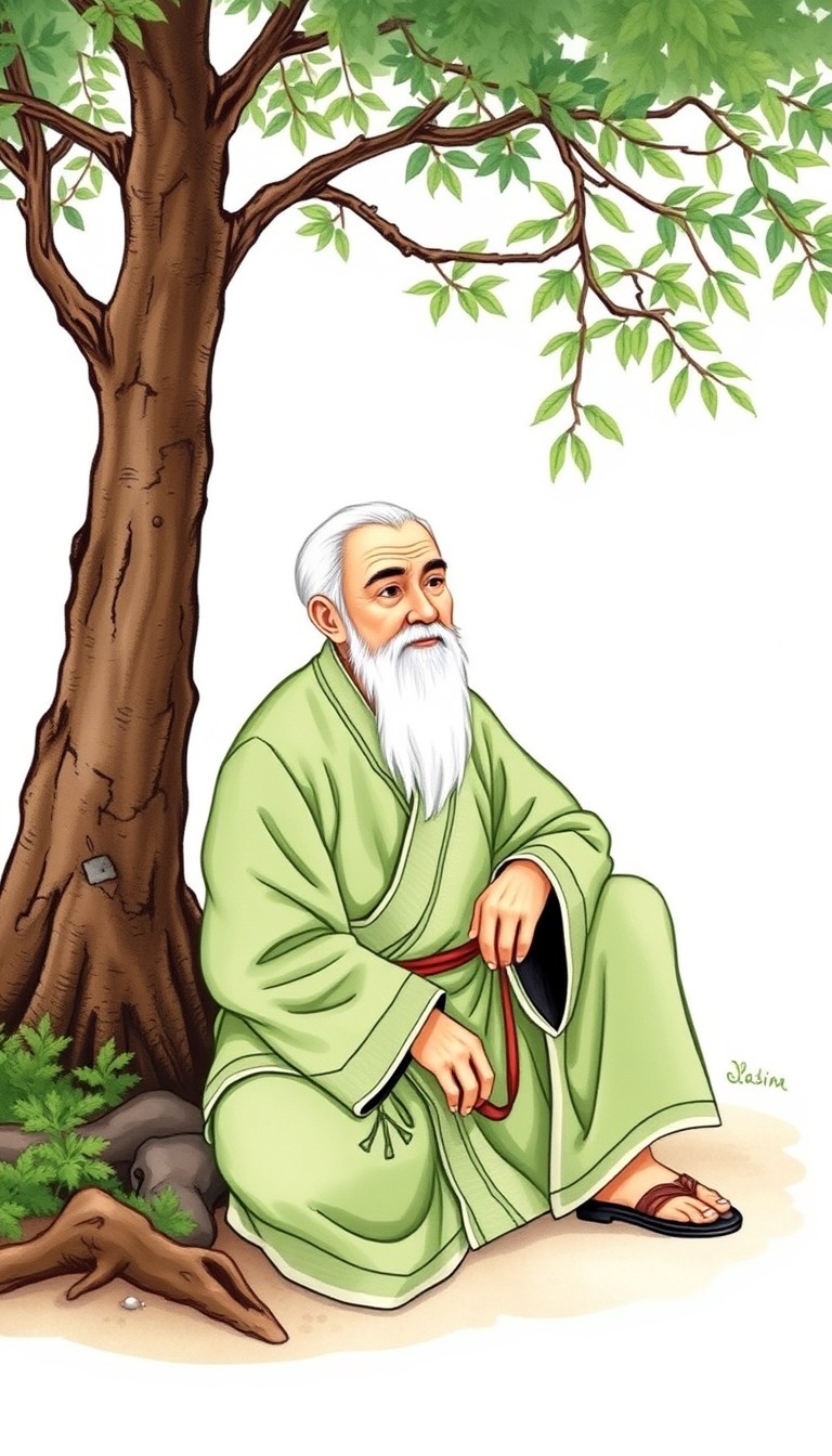 An elderly man in traditional light green clothing, white hair, sitting down near a tree, illustrated in a picture book style with a simple, light white background.