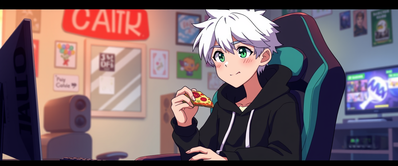 Animated gamer room with a boy with white hair and a black hoodie sitting in a gamer chair while eating pizza. - Image