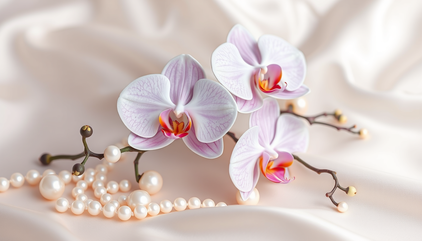 3D wallpaper with delicate orchids and pearls on a background of soft silk fabric.