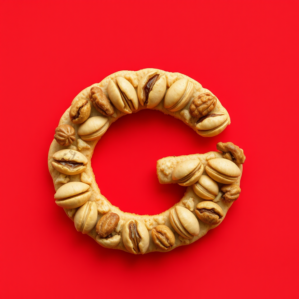 A letter "G" made of nuts cookies, red background, realistic photograph.