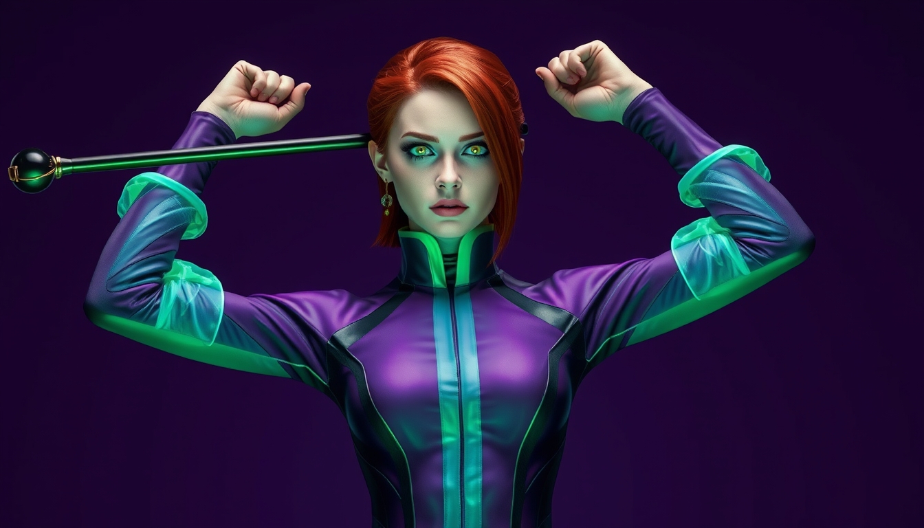 I used Flux AI Image Generator to create this image of a woman with red hair and green eyes. She's wearing a skintight purple and black spandex suit. The suit has a high collar and long sleeves. She's standing perfectly straight, holding a long staff with both hands over her head. The staff has a black sphere at the top that glows with an eerie green light. The background is a deep purple that matches the character's suit. I love this image; it's like something out of a fantasy movie. - Image