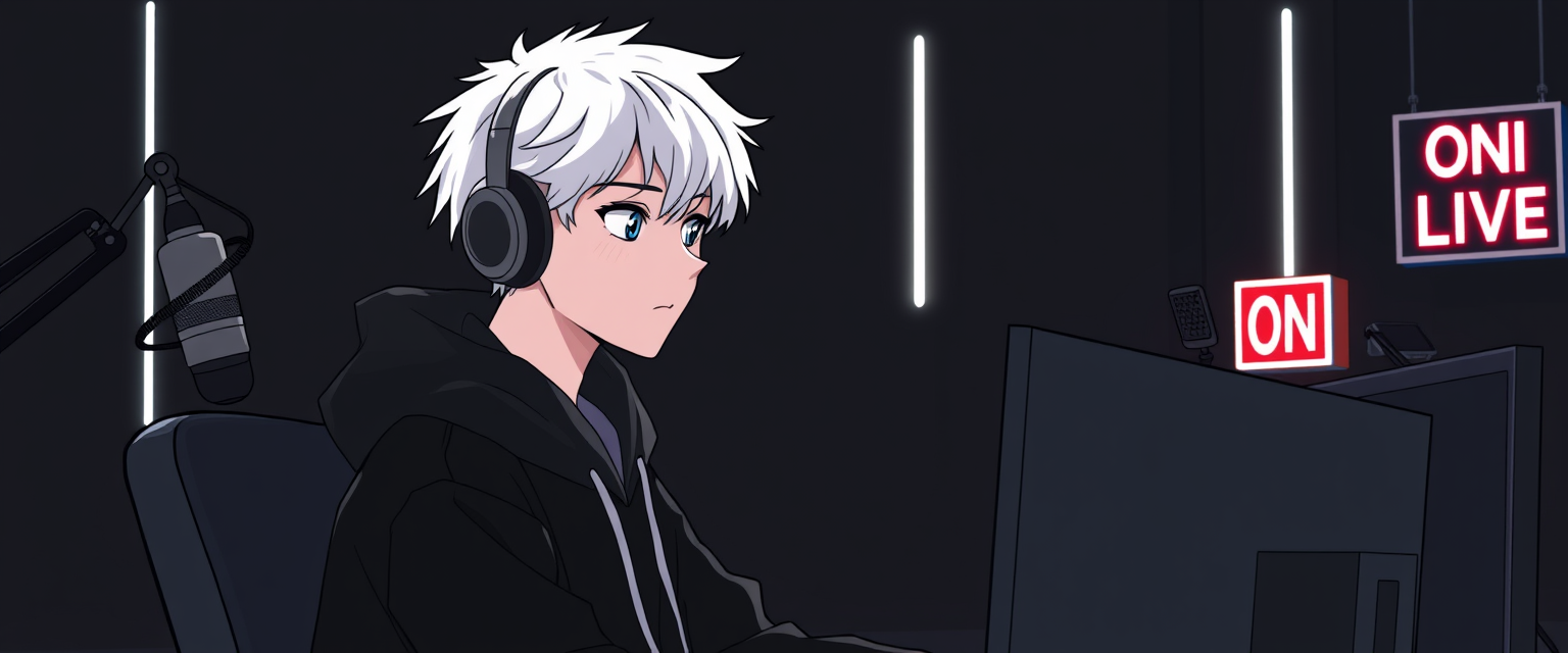 "Image resembling a drawing of a boy with white hair and a black hoodie in a gamer setup with front lights, looking at two monitors with black screens in a black room with a few white neon lights and a small white sign in the upper right corner that says ON LIVE, with a podcast-type microphone to his left and a webcam-type camera on top of a monitor to his right."