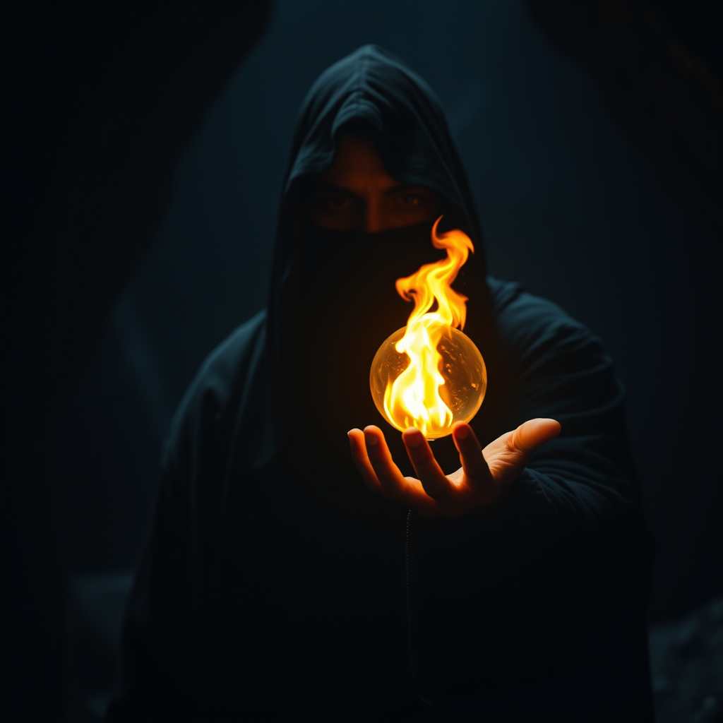 A cinematic cultist wearing a black robe and having a glowing flaming orb over his open palm. Dark scene inside a cave. Epic. Dark and obscured face.