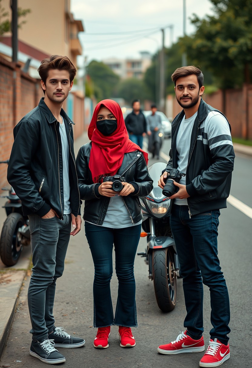 Jamie Dornan and Freddie Prinze, head and body shot, handsome, young, serious face, dark brown hair, white t-shirt, college jacket, skinny jeans, sneakers, standing, discussing with two guys and a young Muslim girl in a short red hijab, beautiful eyes, black face mask, black leather jacket, bell-bottom cutting jeans, red sneakers, holding a Canon DSLR camera, near a town road, superbike, hyper-realistic, street photography, brick wall, full body photo, three other random friends in the background.