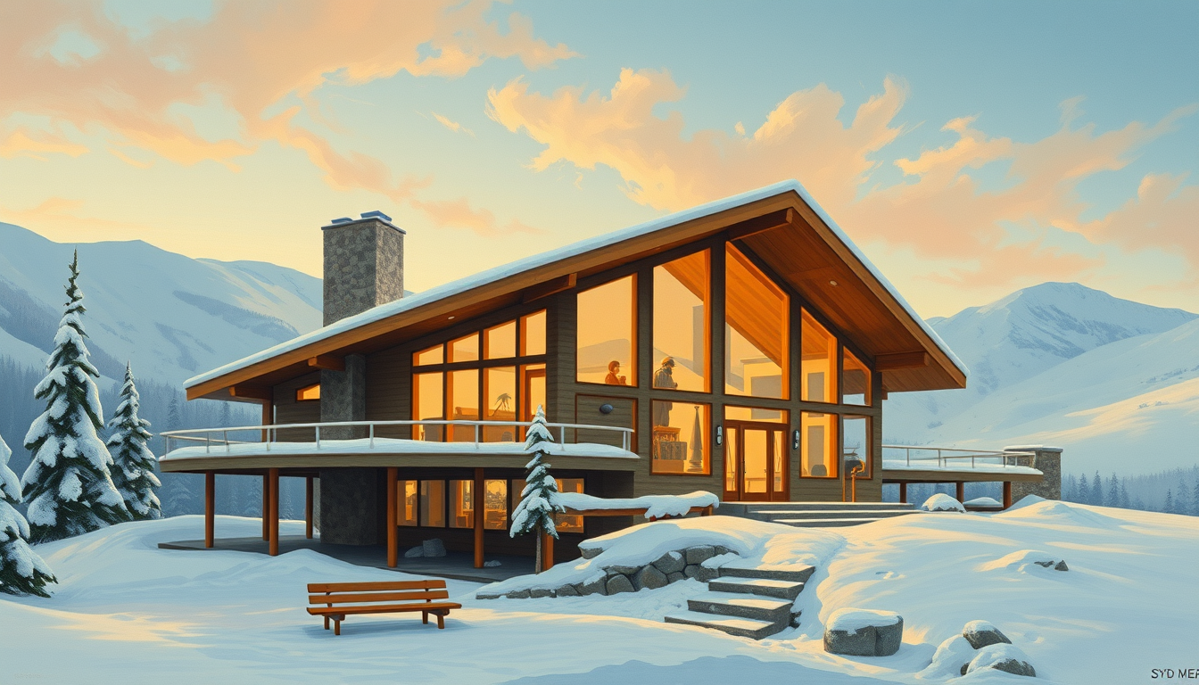 A mid-century modern ski lodge, from 1960, a painting by Syd Mead, 4K. - Image