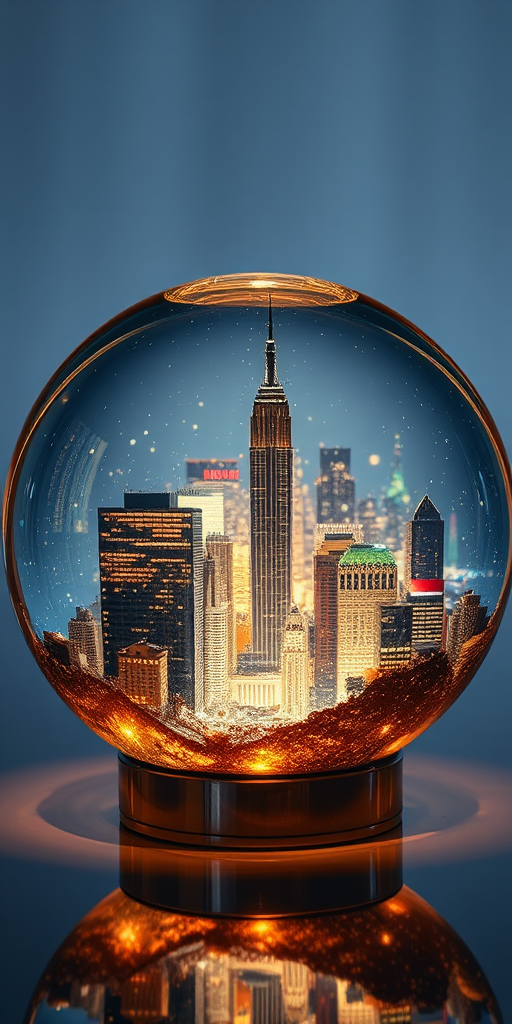 a round sphere glass with a cityscape inside, dreamy, extravagant, high quality, perfect precision