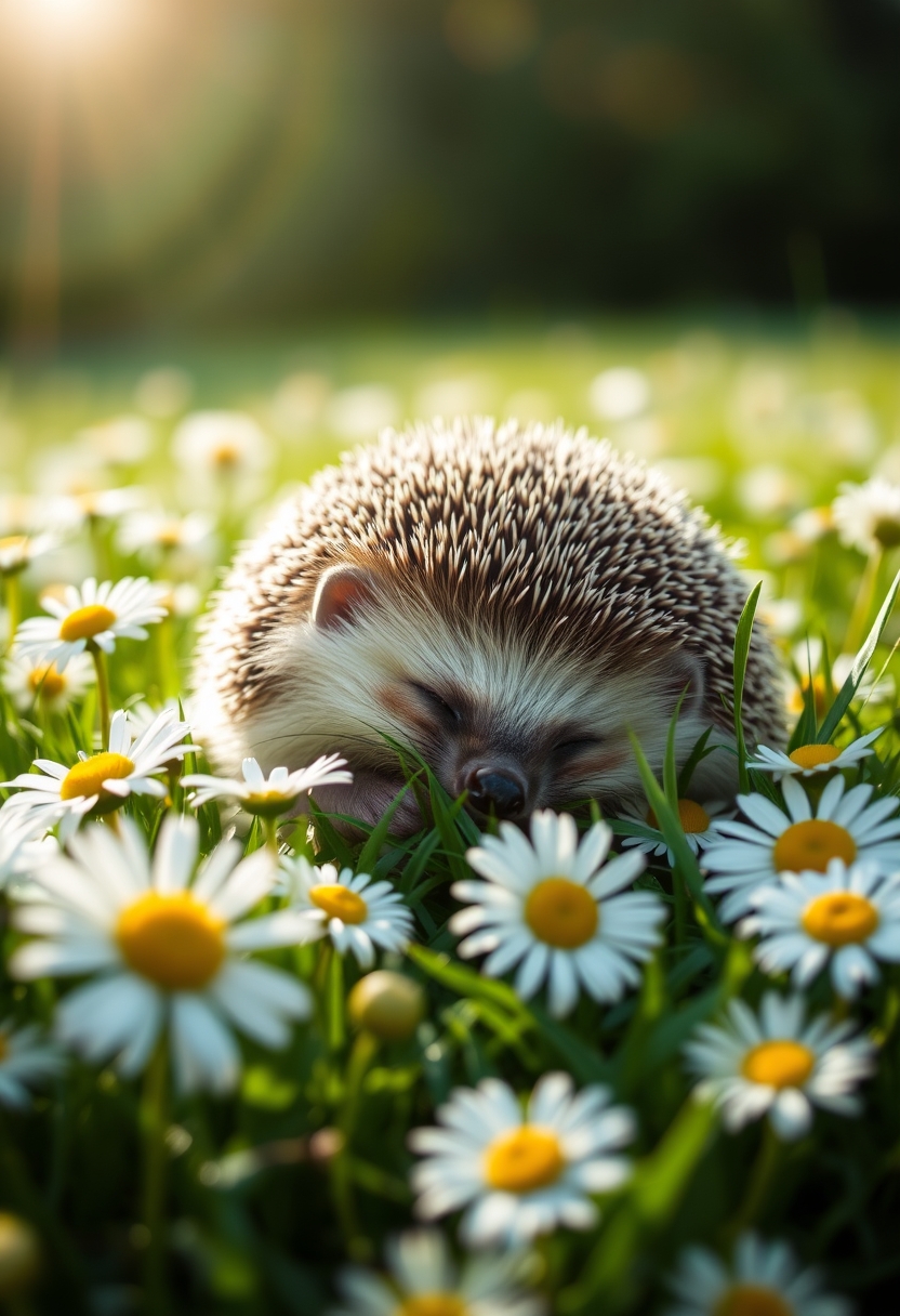 A cute hedgehog sleeping in a field of daisies with the sun shining through the grass. - Image