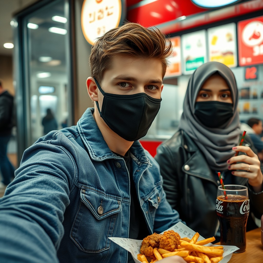 Jamie Dornan's head and body shot, handsome, young, face mask black, blue jeans jacket, jeans, dating love with a grey hijab Muslim girl, beautiful eyes, face mask black, black leather jacket, biggest floral skirt, at a fast food restaurant, plate of Korean fried chicken and fries, soft drink fizzy cola, photorealistic, hyper-realistic, street photography, selfie.