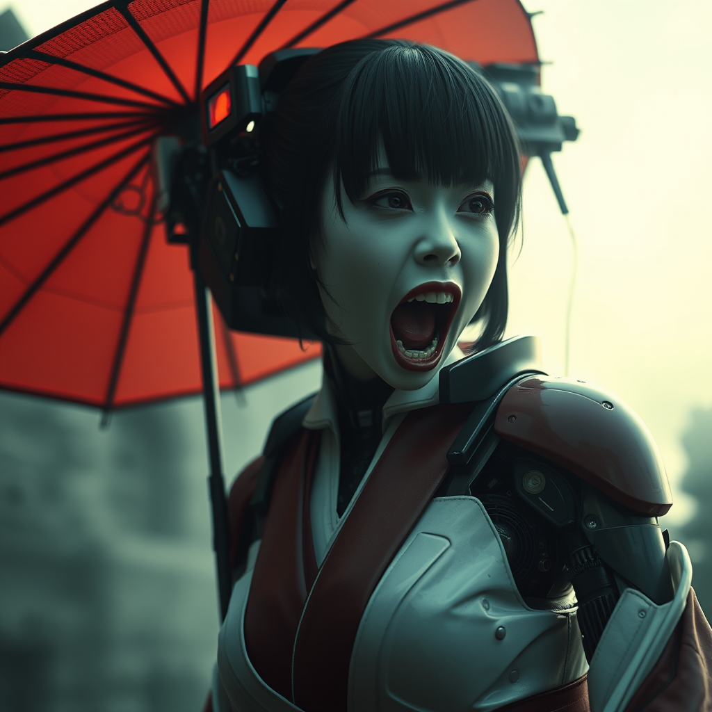 ((android:1.8) Geisha from film Ghost in the Shell: 1.5) cyborg parts, scream, creepy, dark movie atmosphere, fog, natural light, cyberpunk background.