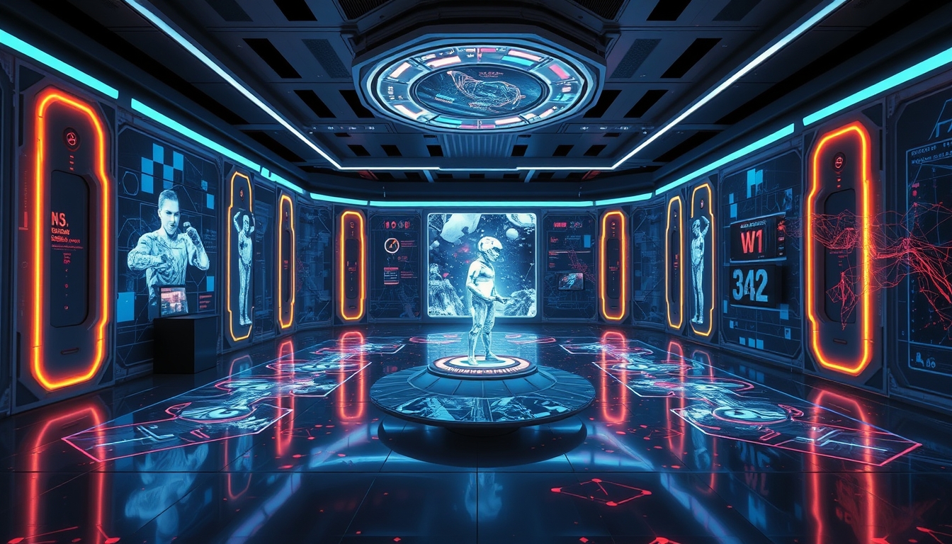 A futuristic room filled with interactive digital art, with holographic displays and immersive light installations.