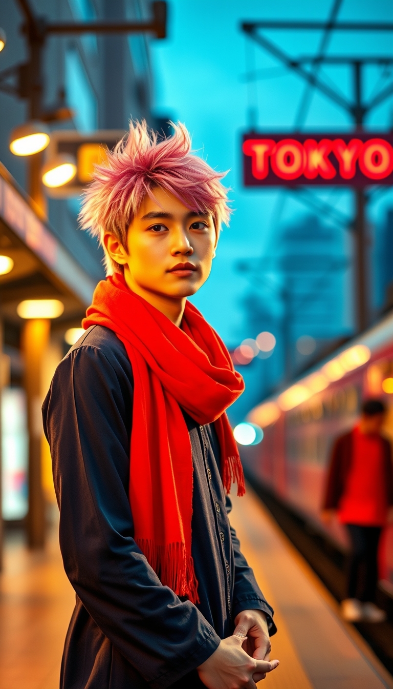 A Japanese guy wearing a dark blue long sleeve dress with a red scarf around his neck, pink spiky hair, during golden hour, with Tokyo train station in the background and bokeh. - Image