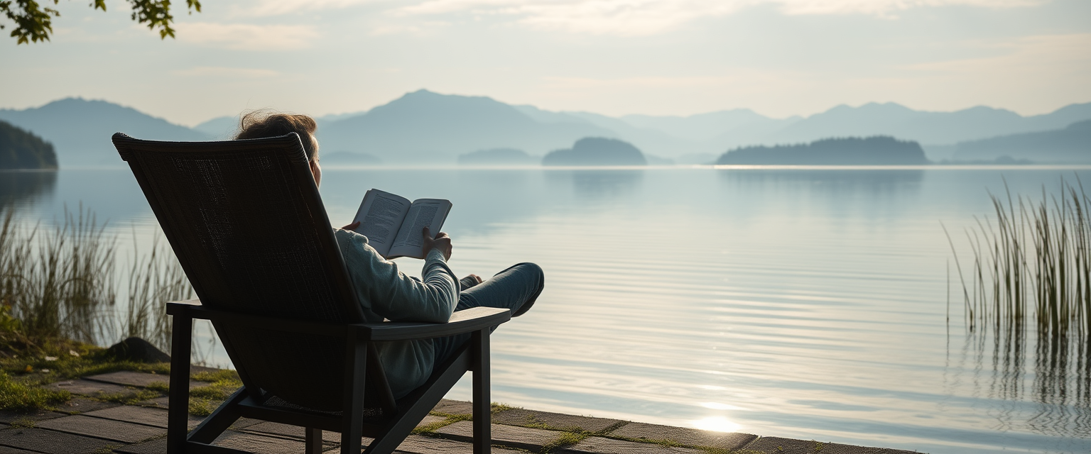 A serene lakeside retreat with a person reading a book on a comfortable chair, peaceful water reflections, and distant mountains. The setting conveys tranquility and freedom. Created Using: natural style, serene lighting, soft reflections. - Image