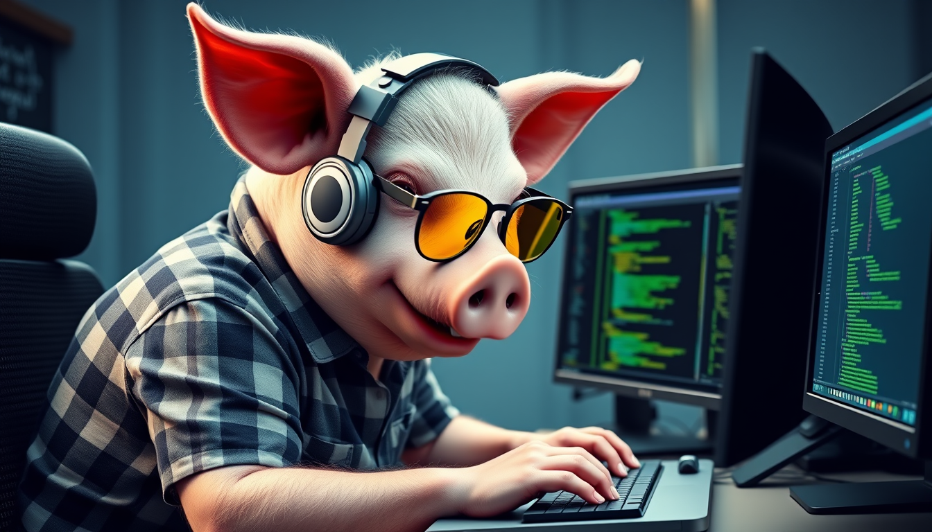 A tech-savvy pig coder, wearing yellow-tinted glasses and sleek noise-cancelling headphones, hunches over a cutting-edge multi-monitor setup. The anthropomorphic pig exudes focus, typing furiously. Dressed in a plaid t-shirt.