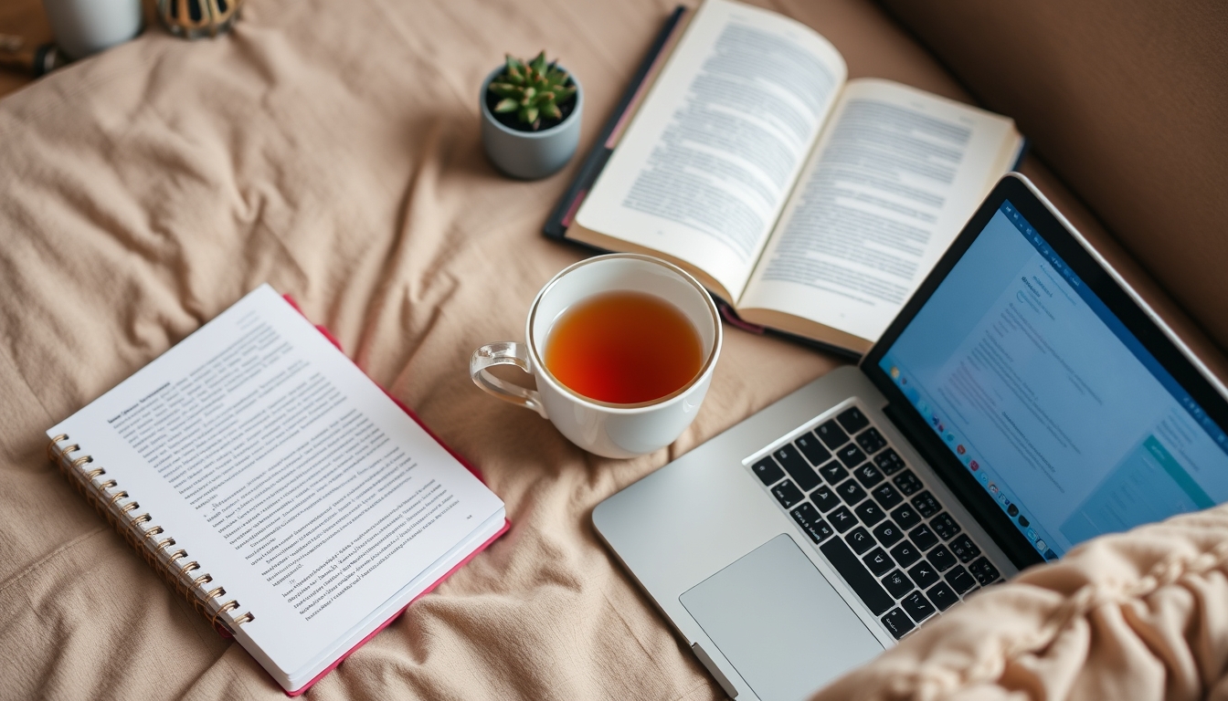 A cozy home study setup with a laptop, textbooks, and a cup of tea, emphasizing the comfort and flexibility of online education. - Image