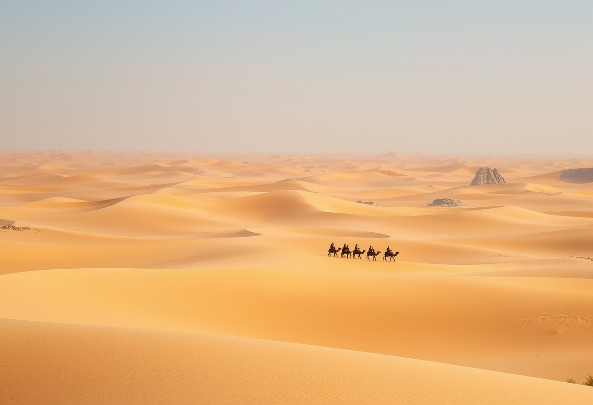 Vast, arid desert, golden sand dunes, endless horizons, high quality, photorealistic, tranquil, remote, camel caravan, nomadic, breathtaking, clear blue sky, oasis, solitude::1.2 cacti, desert flowers, rugged rock formations, starry nights, sandstorms, ancient ruins, dune bashing