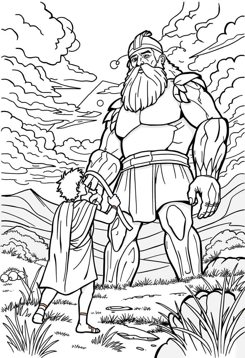 Illustrate the moment David faces Goliath, with David holding a slingshot and Goliath towering over him, set in a dramatic landscape. a coloring book page, cartoon style, thick lines, low details, no shading. - Image