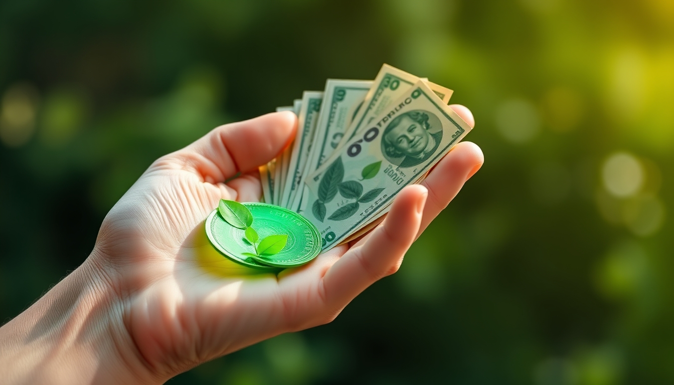 Hand holding digital eco-currency, symbolizing green finance.