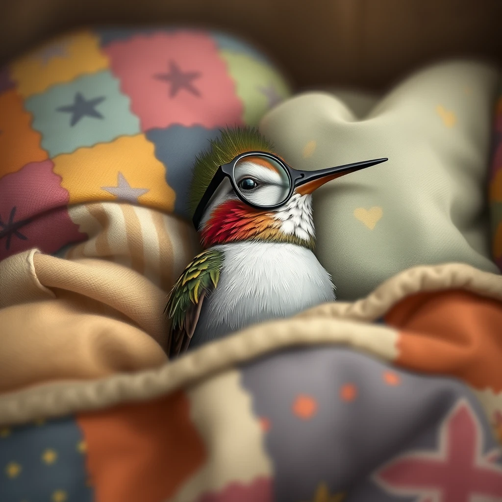 Sweet little hummingbird with glasses sleeping in its bed with patchwork blankets.