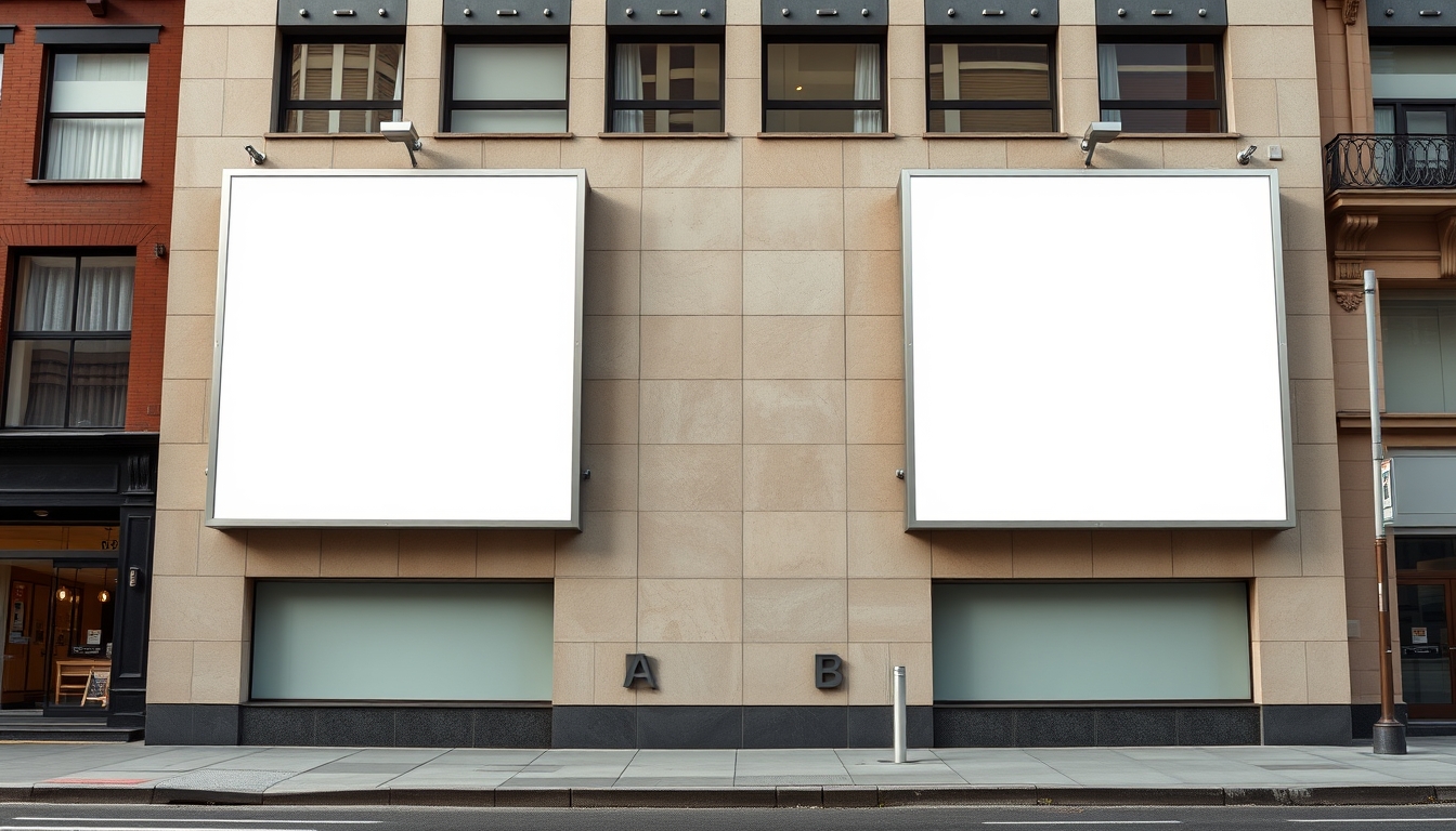 Conceptual mockup displaying two unmarked billboards on a building facade in an urban area, emphasizing the scope for advertising.