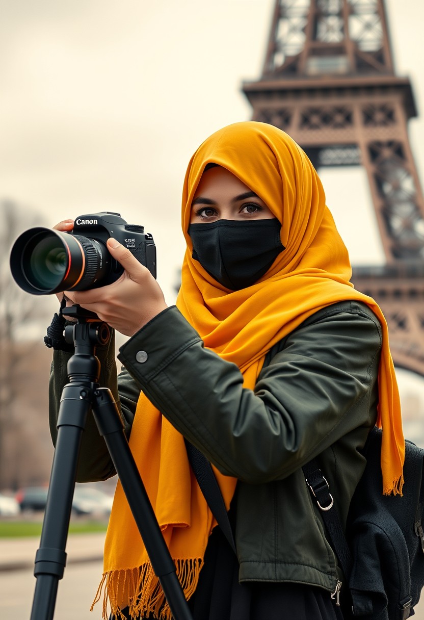 Biggest hijab yellow Muslim girl, beautiful eyes, face mask black, army leather jacket, biggest skirt, camera DSLR Canon, tripod, taking photos at Eiffel Tower, hyper realistic, street photography. - Image