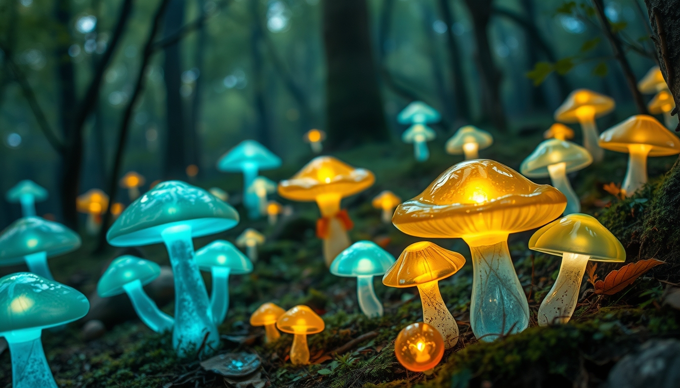 A magical forest with glowing glass mushrooms scattered around.