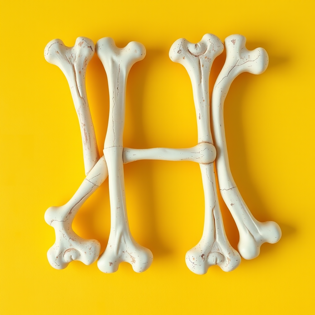 a typo "H" made of bones, yellow background, realistic photograph