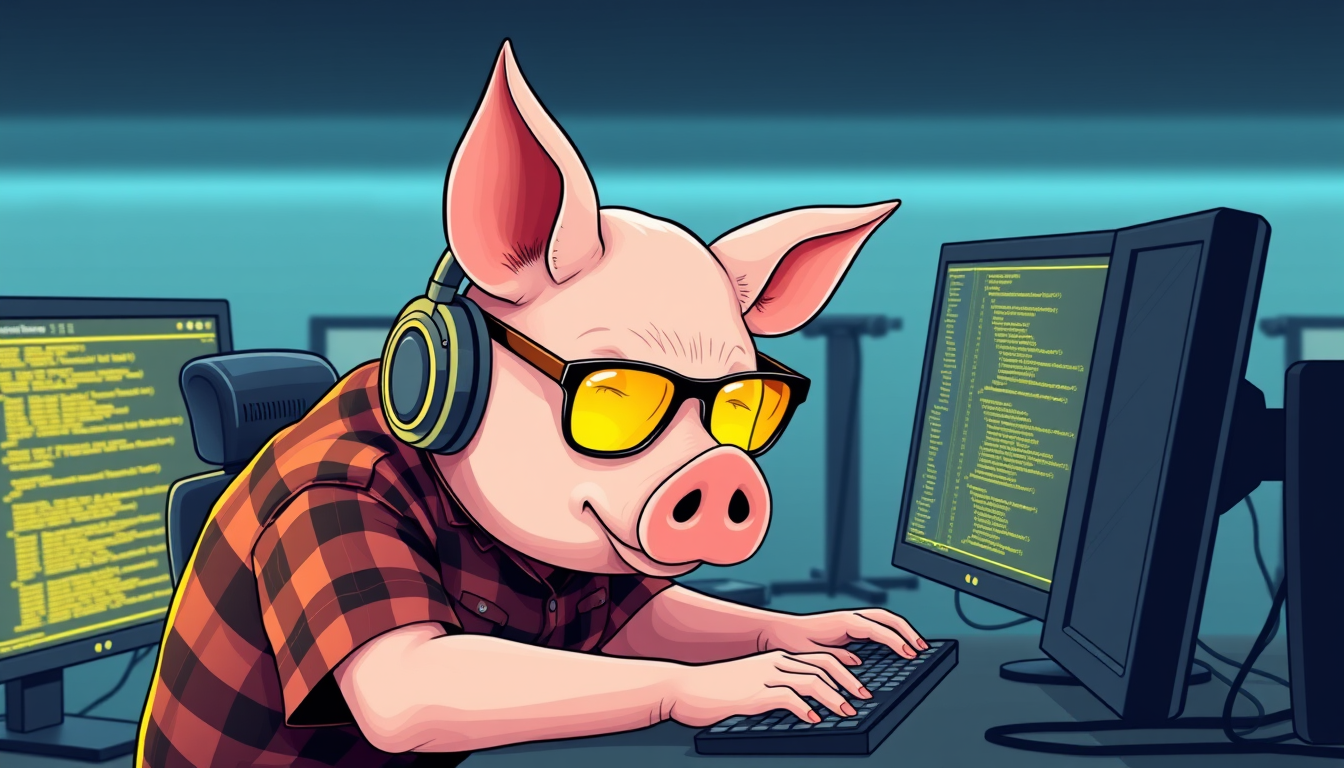 A tech-savvy pig coder, wearing yellow-tinted glasses and sleek noise-cancelling headphones, hunches over a cutting-edge multi-monitor setup. The anthropomorphic pig exudes focus, typing furiously. Dressed in a plaid t-shirt.