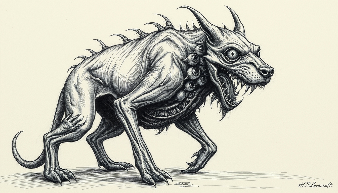 Horror Monster created by H.P. Lovecraft Drawing, Dog with his head and body many eyes, full body, raw drawing.